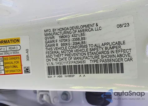 2023 Honda Accord Ex from USA, damaged, VIN 1HGCY1F31PA054930